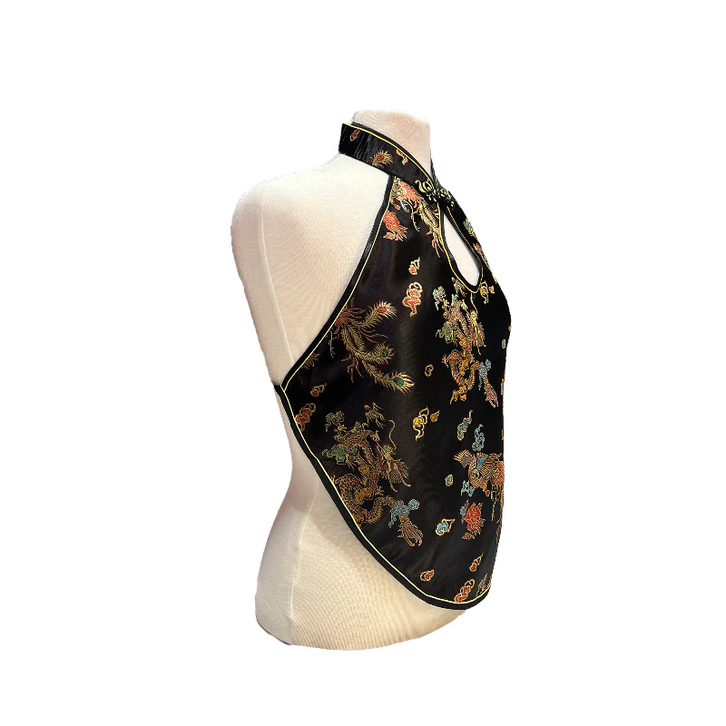 Brocade Apron Halter Top - Black with Dragon and Phoenix