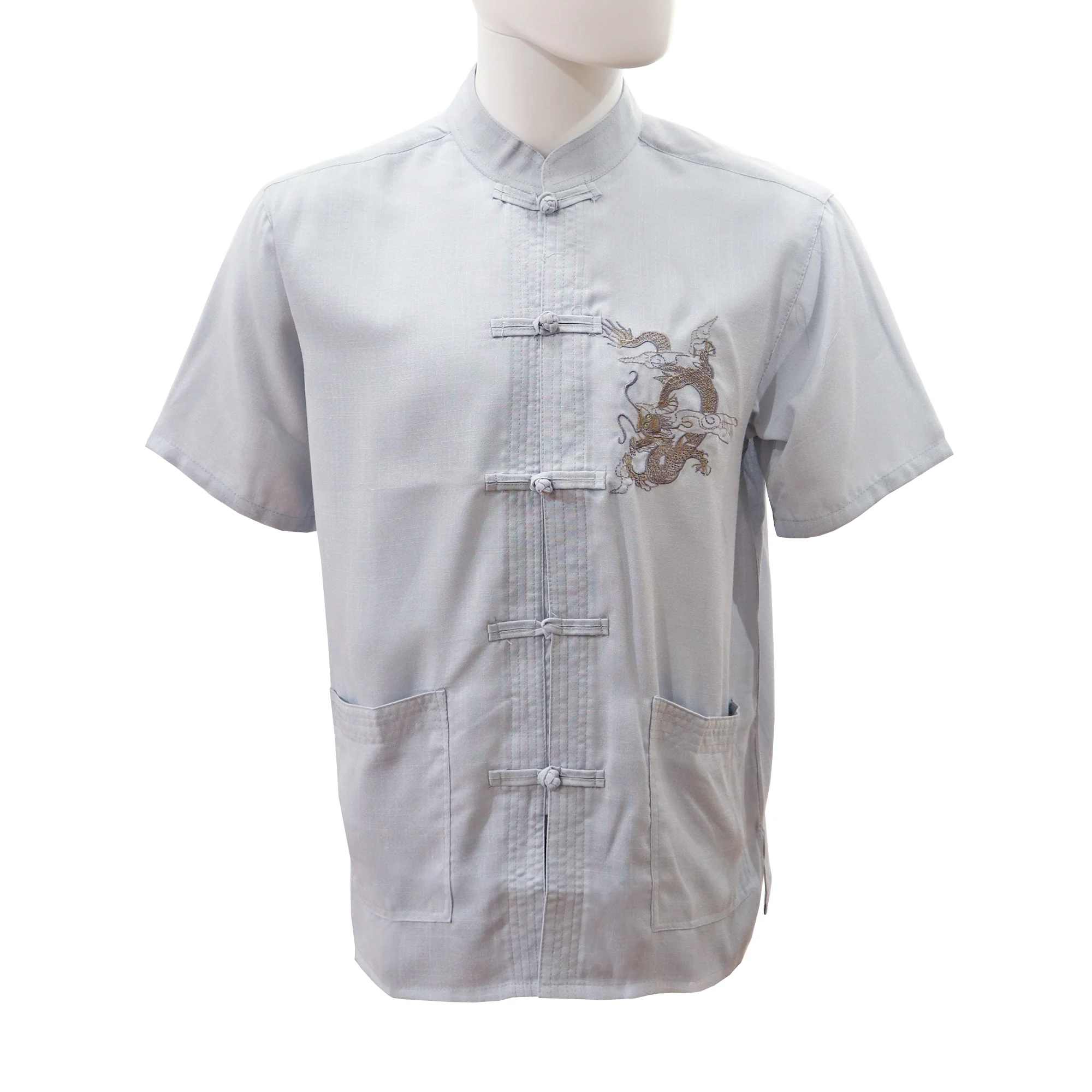 Short-Sleeve Shirt with Dragon Design - Blue-Gray